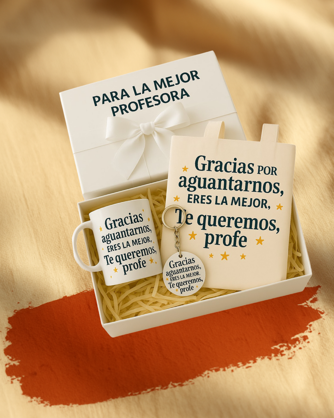 Pack personalizado para profesor creado por AdrocreA con detalles coordinados y mensaje de agradecimiento.