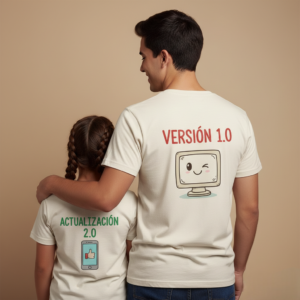 hermanos de espaldas con camisetas “Versión 1.0” y “Actualización 2.0”