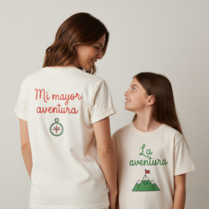 madre e hijo de espaldas con camisetas “Mi mayor aventura” y “La aventura”