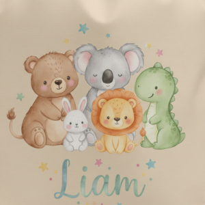 detalle animalito infantil y nombre en mochila personalizada