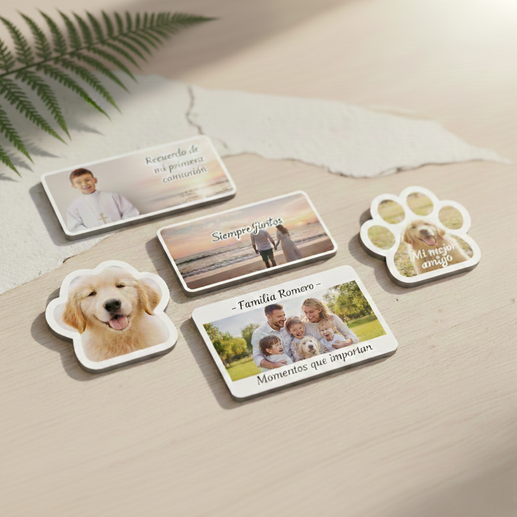 Imanes flexibles personalizados con diseños impresos y frases en español en un entorno minimalista cálido.