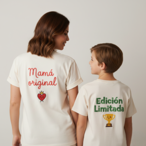madre e hijo de espaldas con camisetas “Mamá original” y “Edición limitada”
