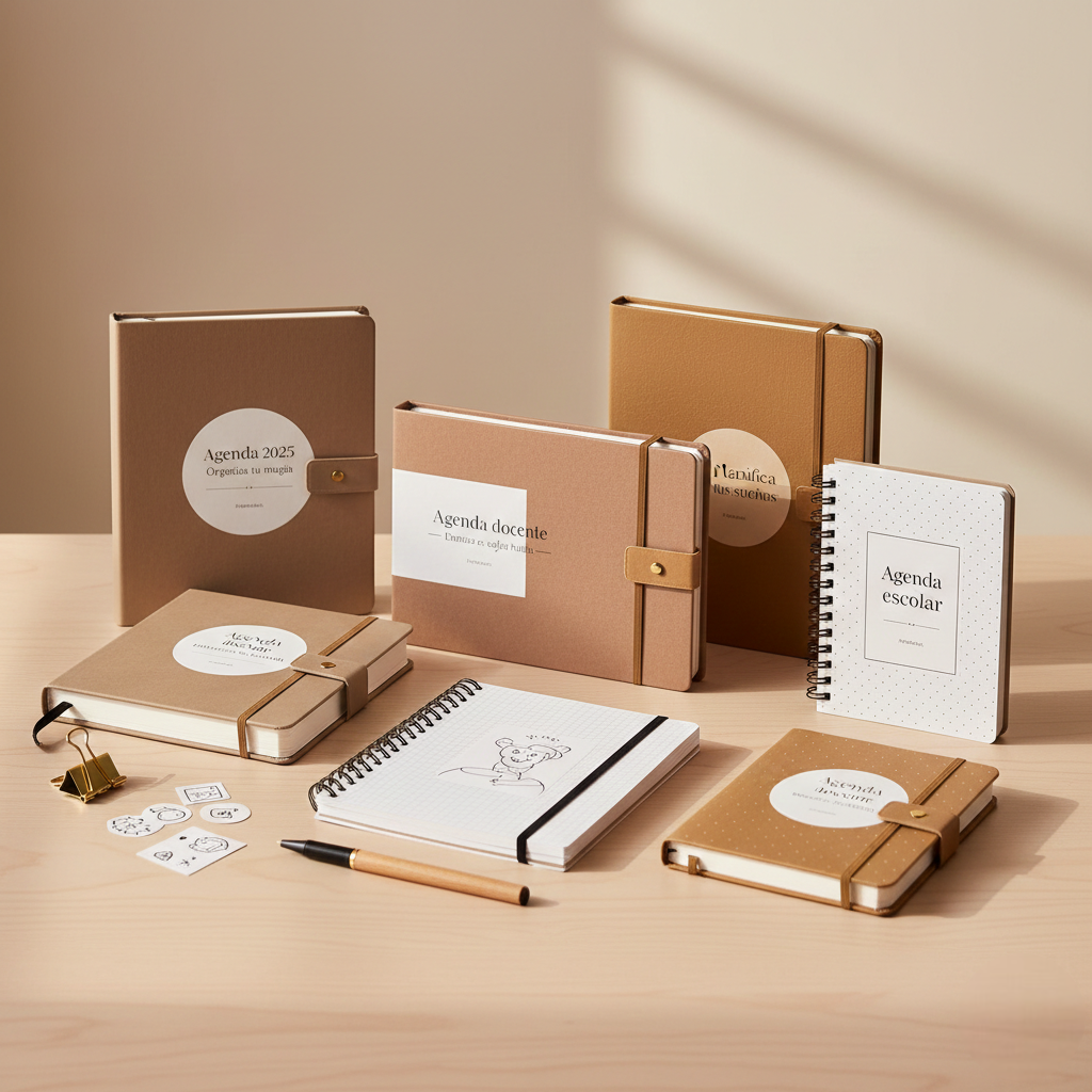 Agendas personalizadas artesanales con diseños florales y mensajes en español sobre mesa de madera clara.