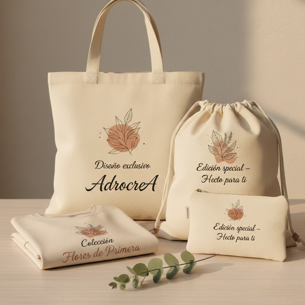 Textiles personalizados artesanales sobre mesa de madera clara, con diseños florales y mensajes en español.