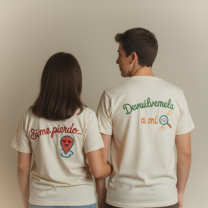 pareja de espaldas con camisetas “Si me pierdo…” y “Devuélvemela a mí”